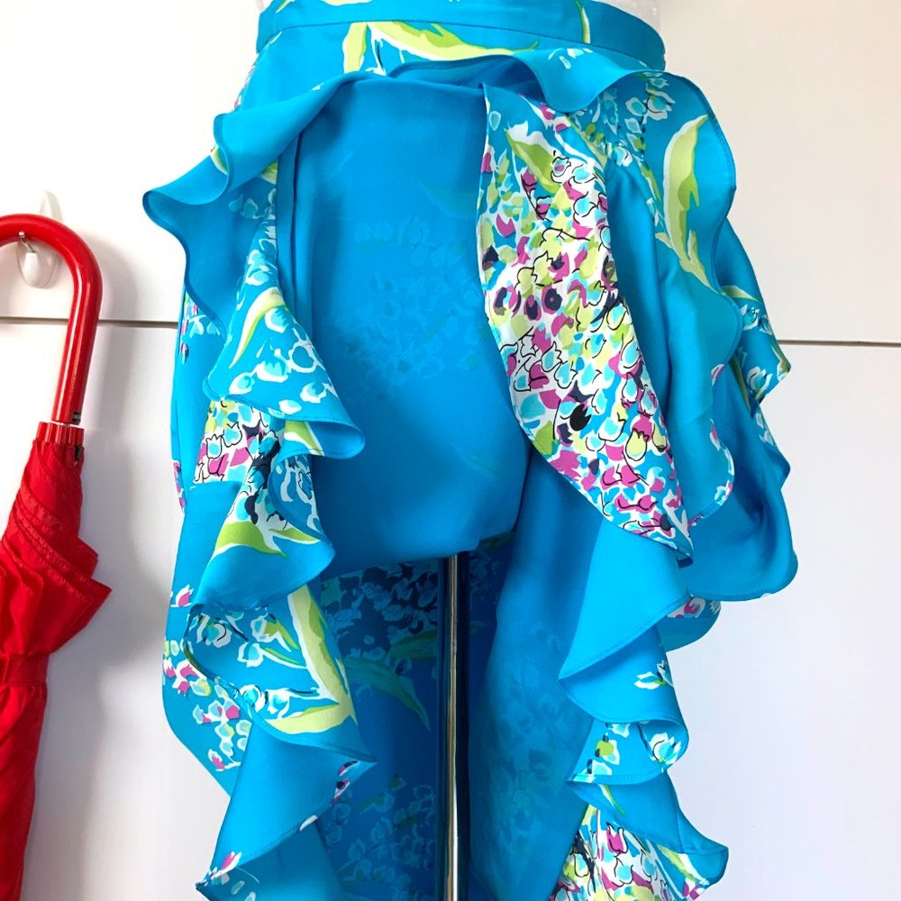Valerie Stevens 100% Silk Blue Floral Midi Ruffle Faux Wrap Skirt Sz 8P - Picture 15 of 16